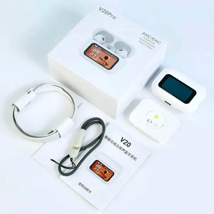 V20 Pro Touch Screen LED ANC Earbuds – Premium Wireless Sound